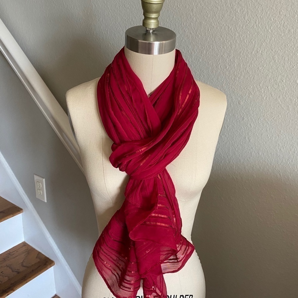 Michael Stars Red Chiffon Scarf Sequin Trim - Picture 4 of 5